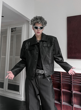 THREENINE 春秋小众设计高级感翻领夹克外套男女休闲廓形pu皮衣潮