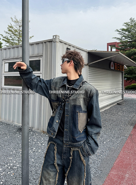 THREENINE 多片裁剪水洗撞色口袋设计牛仔外套男时髦套装街头裤子