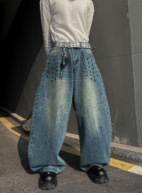 THREENINE 复古水洗做旧贴钉设计蓝色弯刀廓形宽松牛仔阔腿裤男