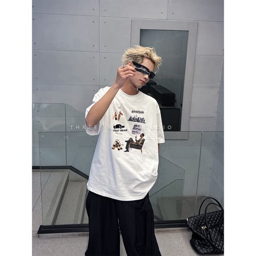 THREENINE美式趣味魔术贴印花t恤