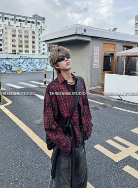 THREENINE 早秋复古红色格子衬衫男女喷染工艺设计感小众上衣时髦