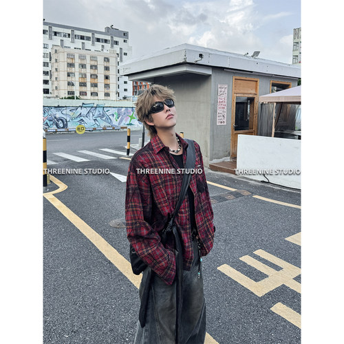 复古红色格子衬衫男女喷染工艺