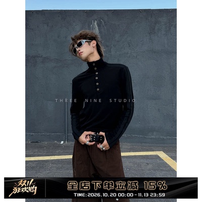 THREENINE早秋排扣条纹显瘦长袖T