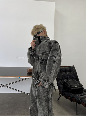 THREENINE 解构廓形做旧立领牛仔外套男宽松休闲阔腿直筒裤套装潮