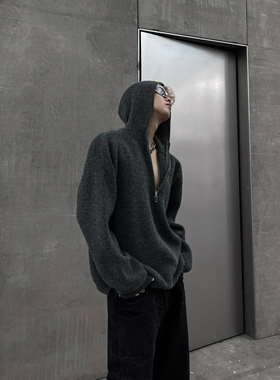 THREENINE 小众拉链设计感连帽大毛衣男女慵懒风宽松大版型上衣潮