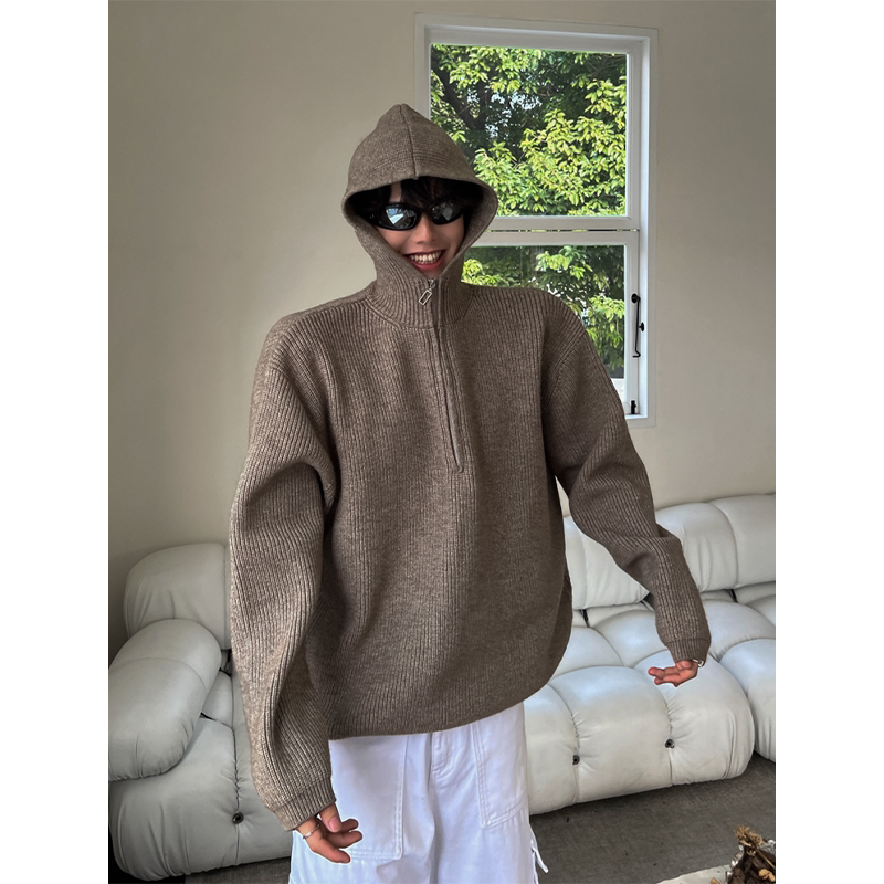 THREENINE STUDIO小众设计款半开连帽大毛衣慵懒宽松大版型男女潮