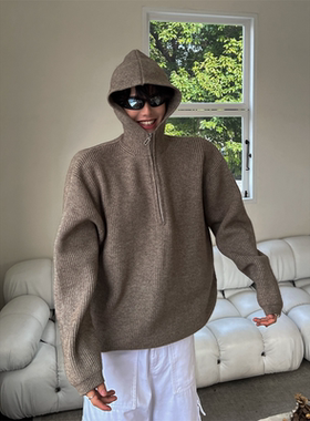 THREENINE STUDIO小众设计款半开连帽大毛衣慵懒宽松大版型男女潮