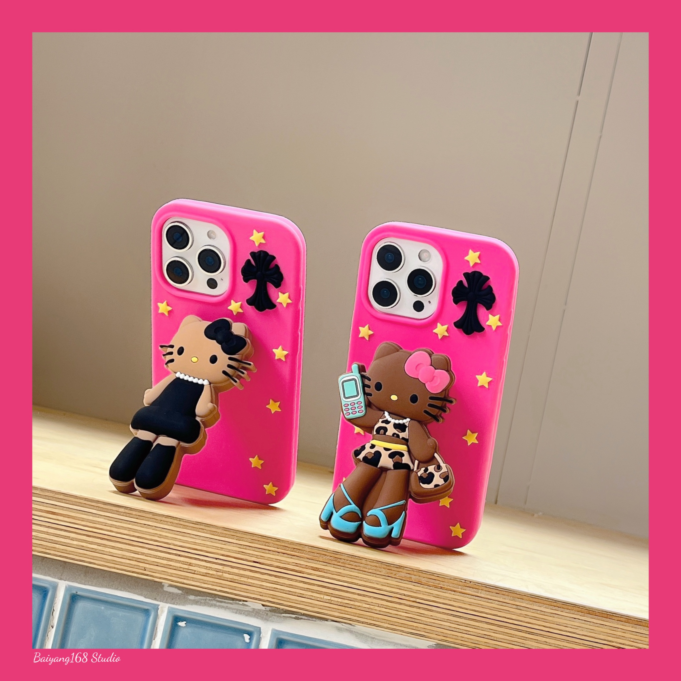 甜酷豹纹kt猫支架iPhone手机壳