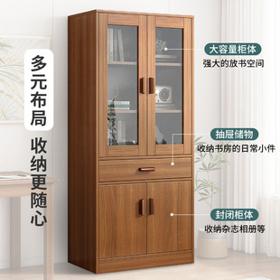 一体木质高柜子置物书柜带玻璃门客厅储物柜靠墙组合书柜收纳柜