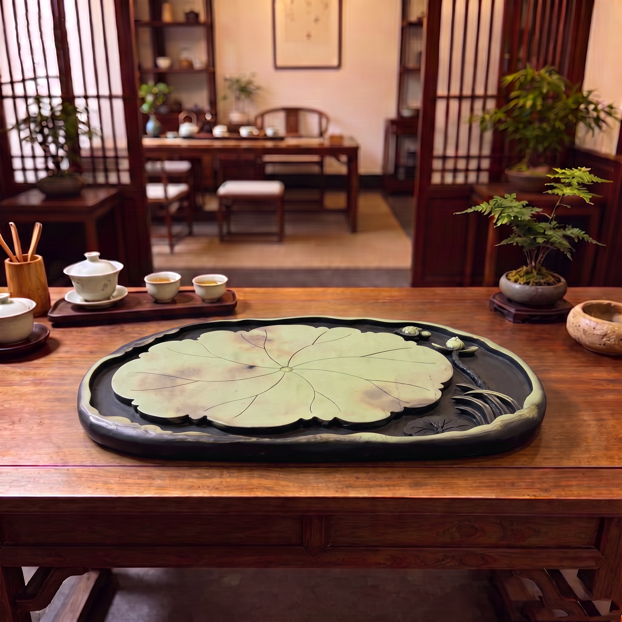 石雕荷花茶盘干泡紫袍玉手工雕刻茶盘茶海收藏工艺品