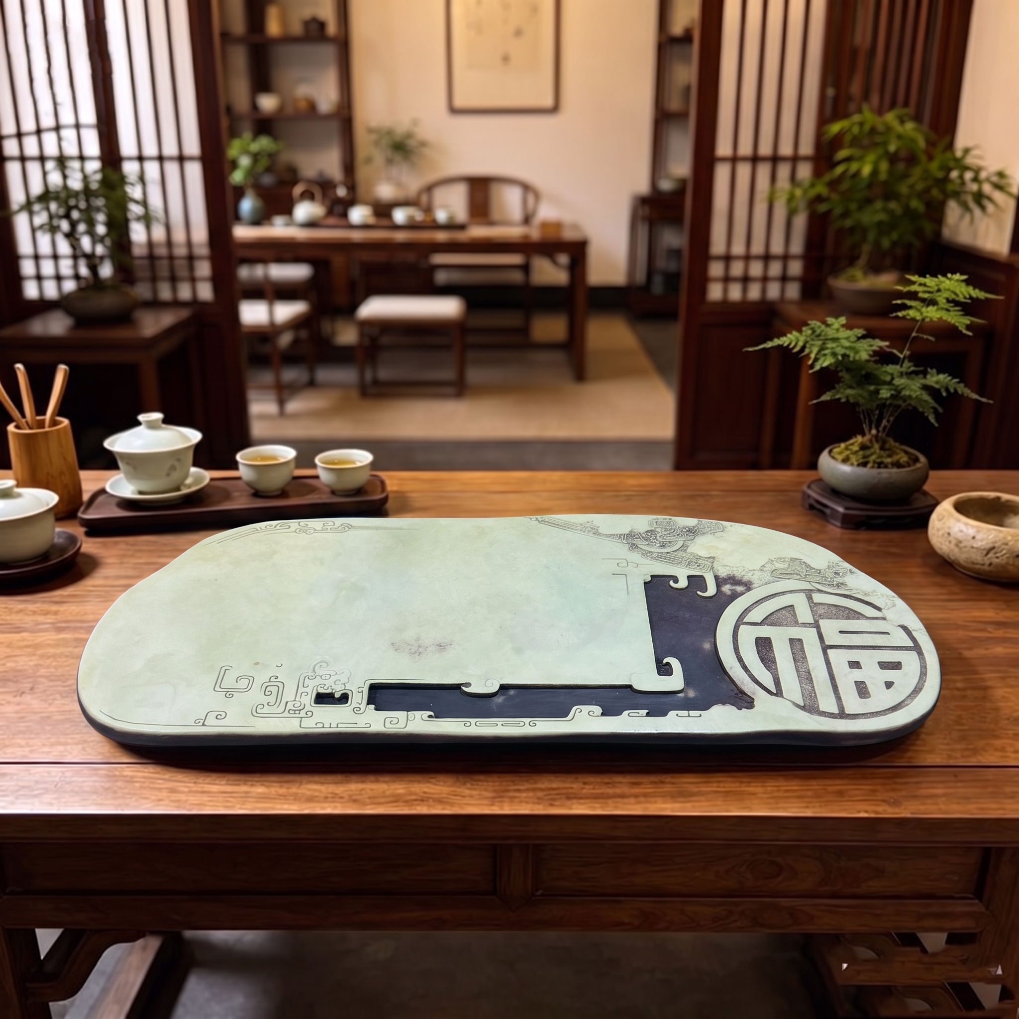 石雕荷花茶盘干泡紫袍玉手工雕刻茶盘茶海收藏工艺品