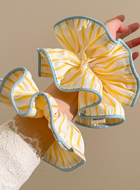 新款 韩系柠檬黄色条纹大肠发圈 女高级丸子头皮筋头绳慵懒风发饰