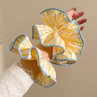 新款 韩系柠檬黄色条纹大肠发圈 女高级丸子头皮筋头绳慵懒风发饰