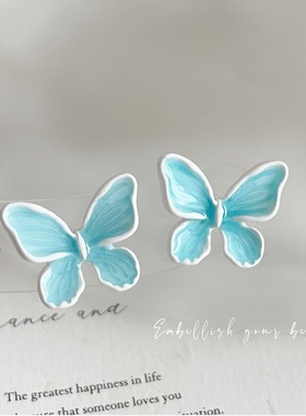 新款蓝色滴油蝴蝶耳钉小清新甜美可爱耳环简约精致百搭少女心耳饰