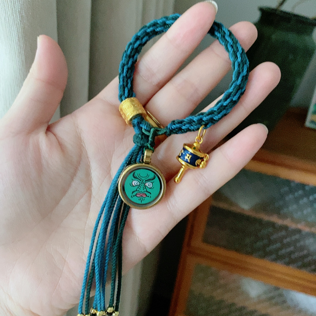五行属木绿色系绿财神藏式唐卡手绳唐卡手绳手搓棉线手工编织手链