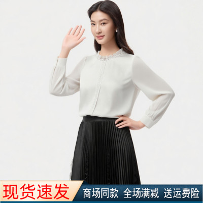 秋季新款缎面白色长袖衬衫上衣女