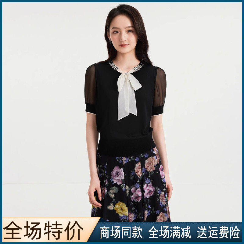夏秋季黑色短袖蝴蝶结套头针织衫