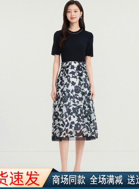 珂莱商场同款2025夏季新款圆领短袖针织拼接印花连衣裙 KF12324Q7