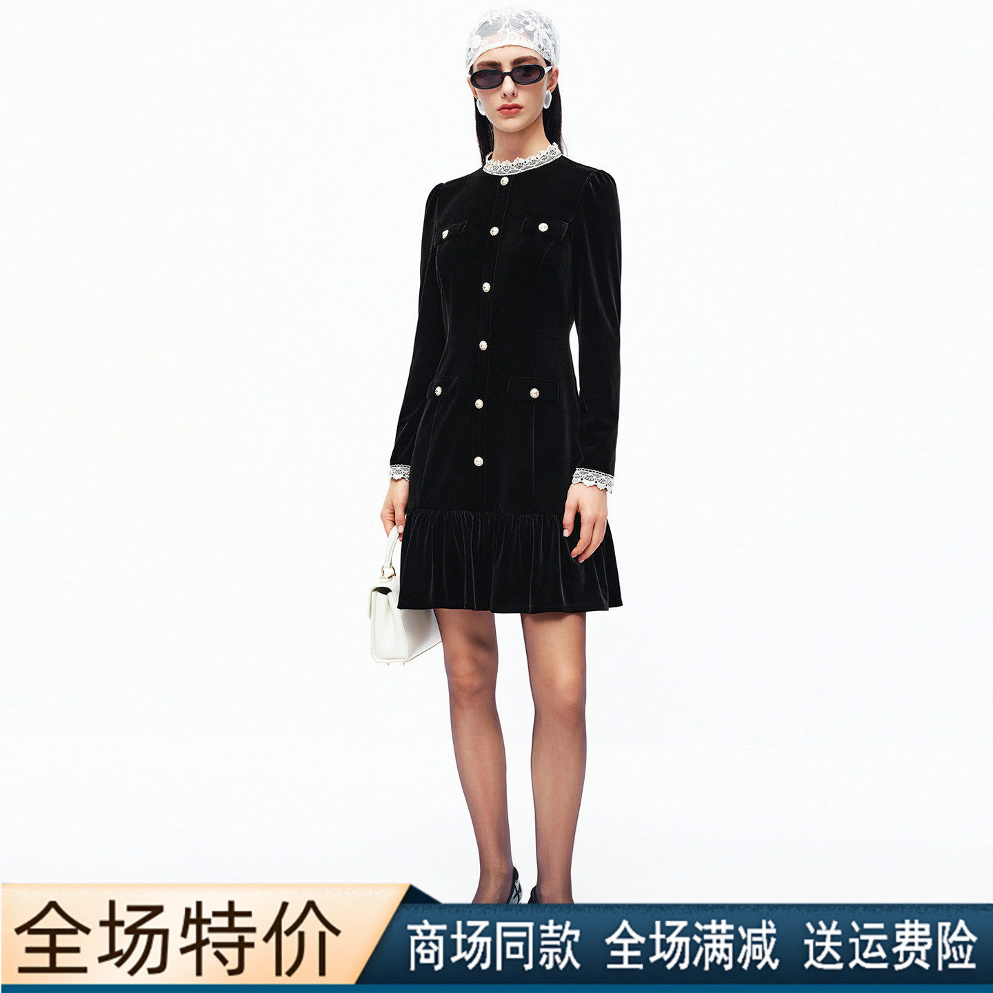 珂莱商场同款黑色圆领长袖连衣裙