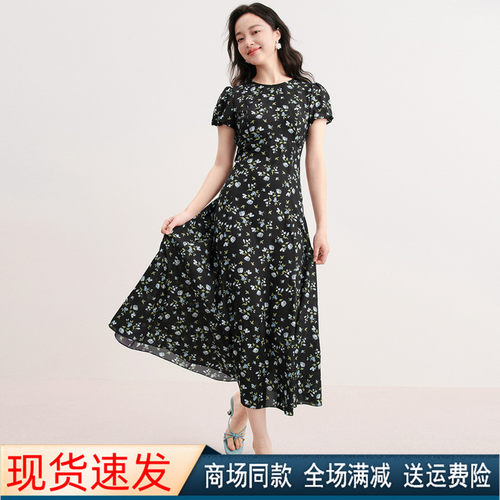 夏季圆领短袖黑色碎花连衣裙子女