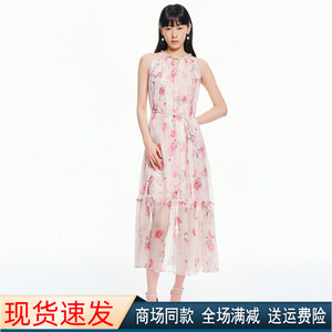 夏季度假印花挂脖式无袖连衣裙女