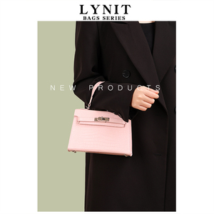 LYNIT 粉色凯莉包女2024新款迷你手提包高级质感鳄鱼纹小包斜挎包