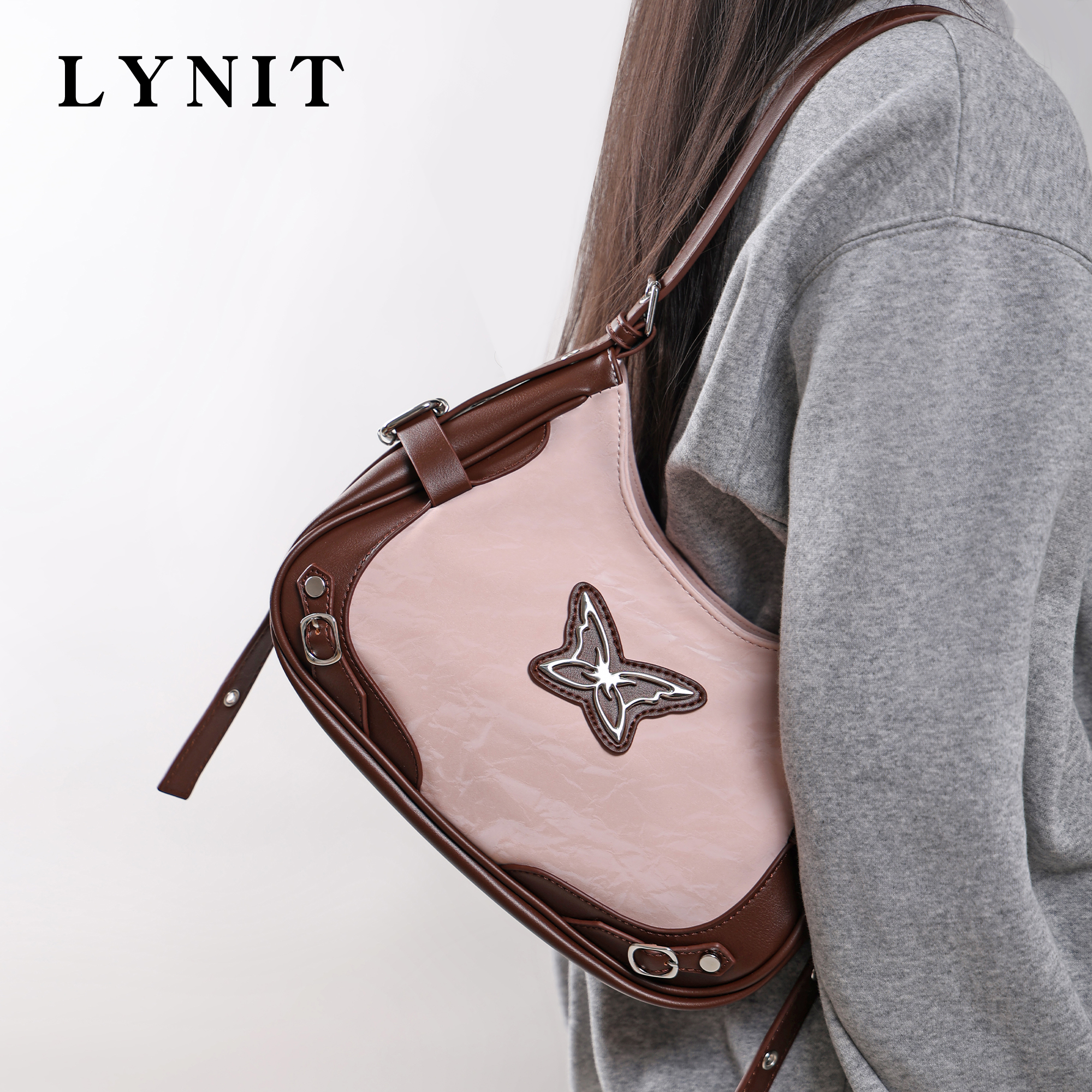 LYNIT 美式复古蝴蝶撞色铆钉机车腋下包小众原创高级感单肩斜挎包