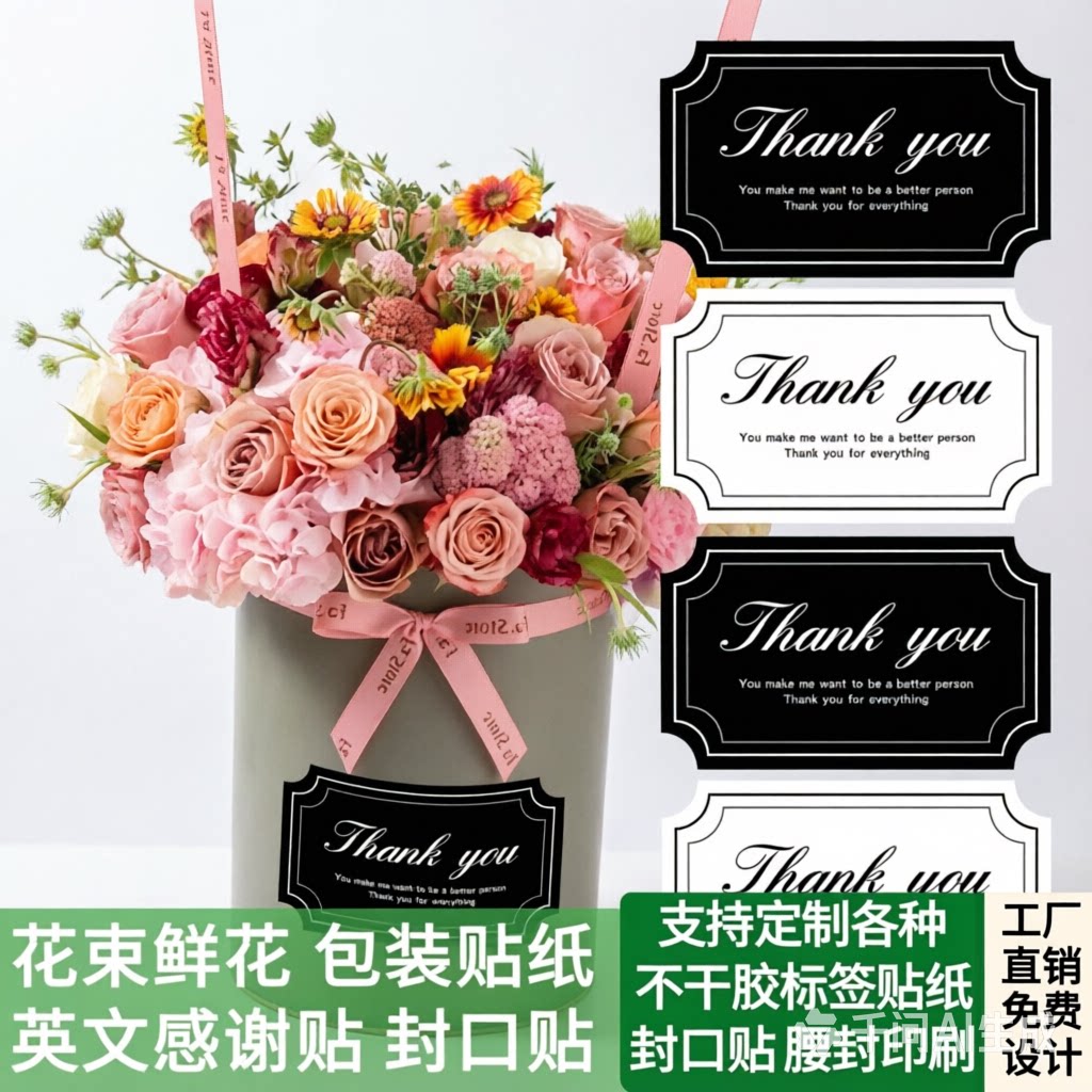 英文感谢花束包装封口贴