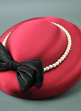 法式白色复古赫本风缎面大礼帽女晚宴英伦夜上海旗袍礼服帽子头饰