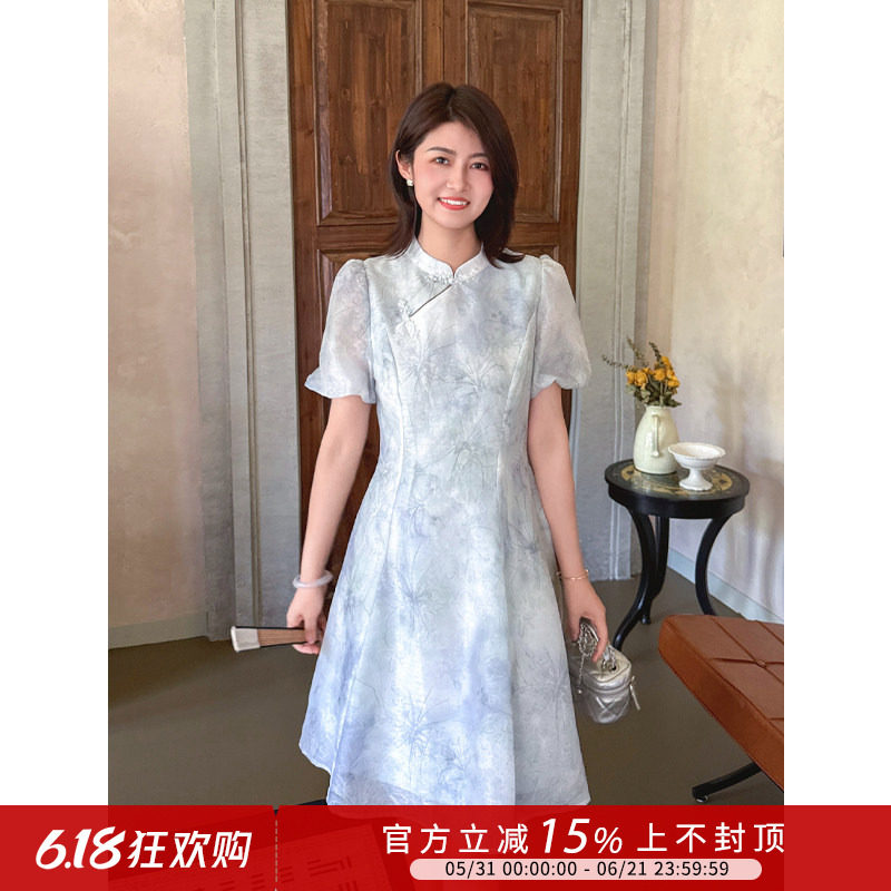 紫璐莱如初颜~新中式国风盘扣改良旗袍短裙泡泡袖印花连衣裙女83X