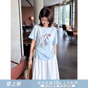 紫璐莱夏花瑰~设计感绑带收腰百搭休闲艺术花瓶印花短袖T恤上衣3X