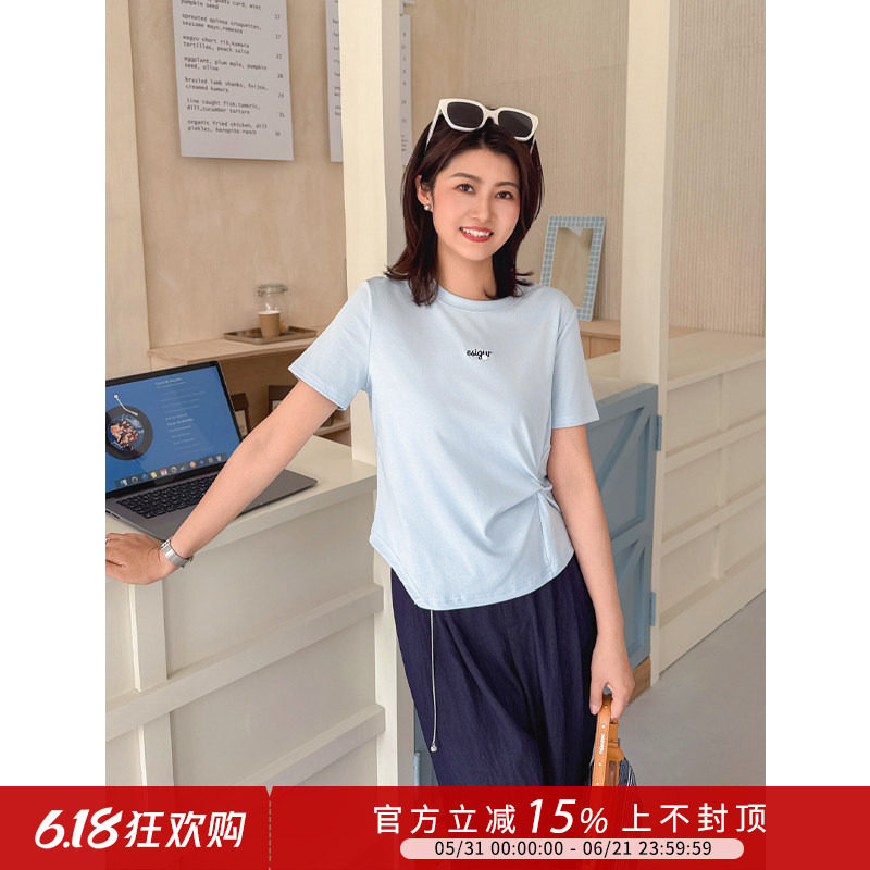 紫璐莱松弛悦己~休闲风扭结设计感不规则纯色显瘦短袖T恤上衣39X