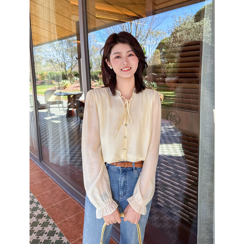 莫代尔系带压褶花边袖v领衬衫