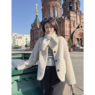 紫璐莱云朵hug 韩系设计感围脖领羊羔毛皮毛一体毛毛短外套女097X