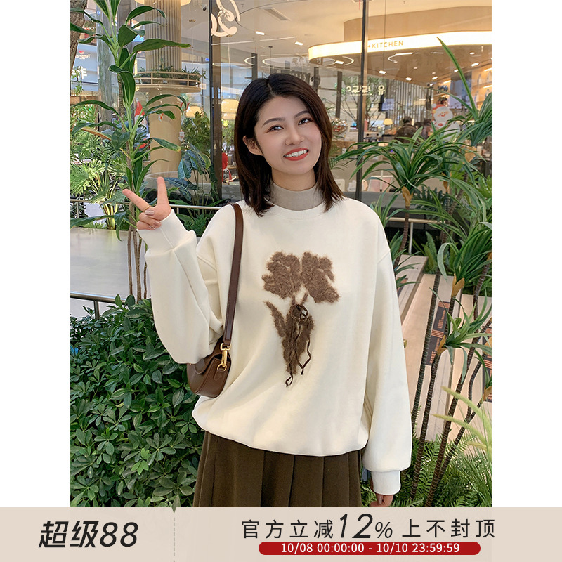 紫璐莱冬日玫瑰~复古宽松设计植绒玫瑰花刺绣半高领加绒卫衣女12X