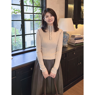 紫璐莱隐形格调 上衣女094X 复古撞色设计感亨利领羊毛针织打底衫