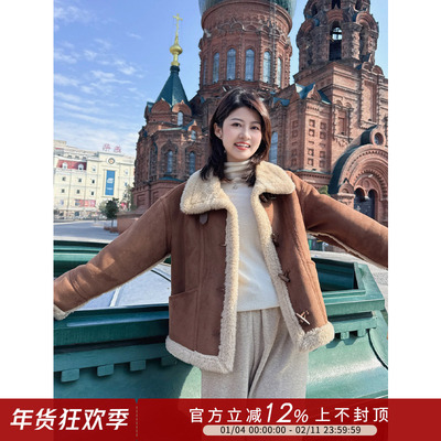 甜酷风皮毛一体麂皮绒短外套