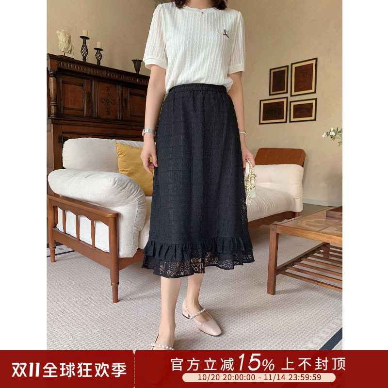 紫璐莱黑蔷薇~法式优雅气质蕾丝镂空拼接高腰显瘦黑色半身裙14X
