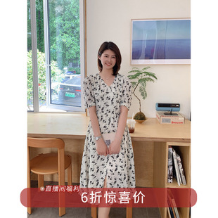 黑白碎花法式 8.2 6折福利款 雪纺连衣裙女 v领显瘦收腰泡泡袖