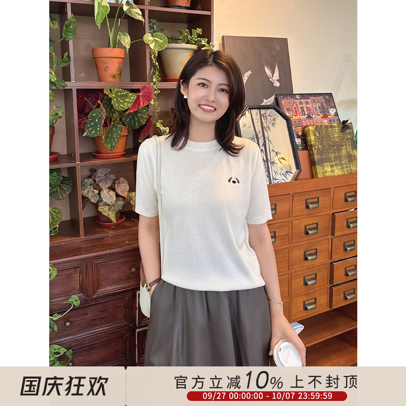 狗刺绣百搭休闲短袖针织T恤衫