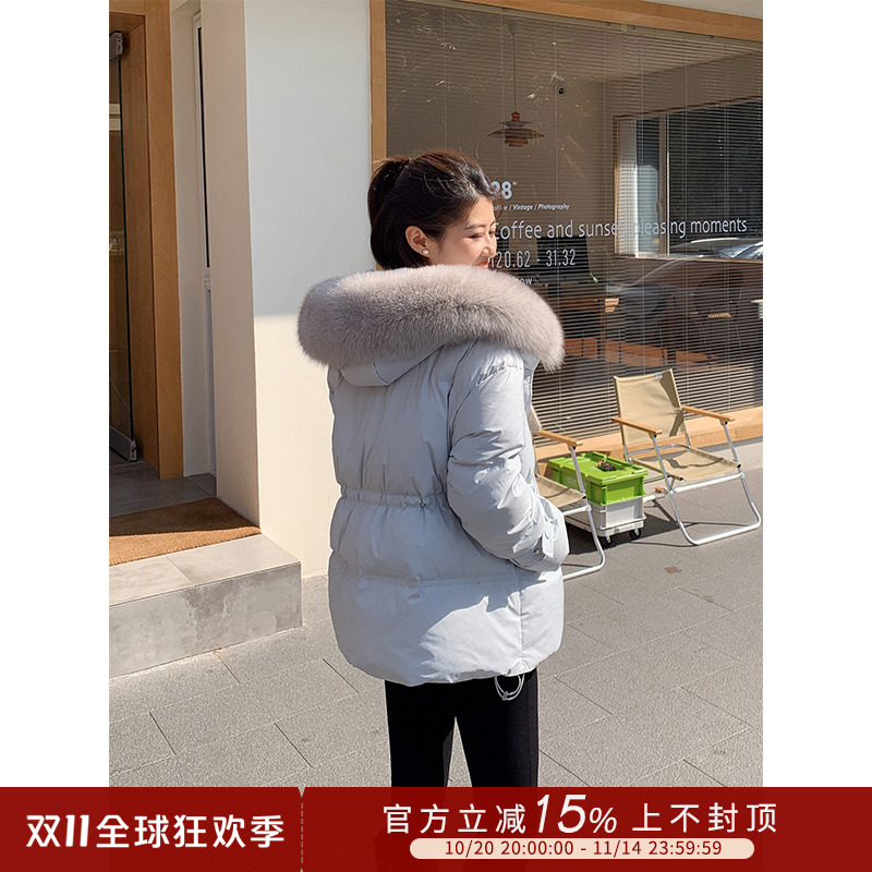 紫璐莱通勤连帽蓝色毛领羽绒服