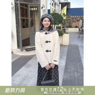 紫璐莱慵懒周末 复古高级感针织连帽拼接皮毛一体羊羔毛外套女74X