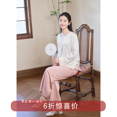 紫璐莱中式国风长袖缎面提花衬衫