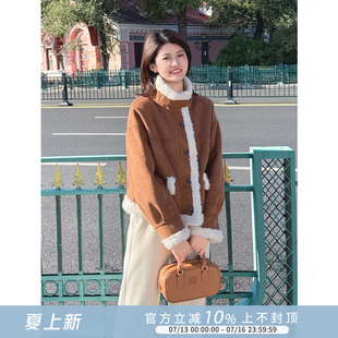 紫璐莱千金裘~复古感皮毛一体时尚拼接设计感咖色麂皮绒外套女35X