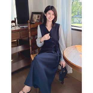 059X 优雅气质设计感拼接上衣A字大摆半裙套装 紫璐莱清雅伊人 法式