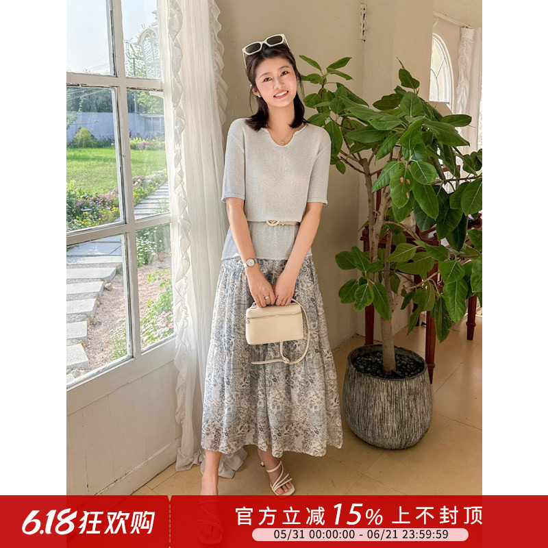 紫璐莱兰若夏花~波西米亚度假风莱赛尔亚麻针织衫+印花半裙套装1X