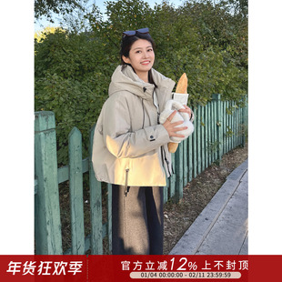 紫璐莱放氧计划~户外运动风90白鸭绒抽绳连帽短款羽绒服外套女44X