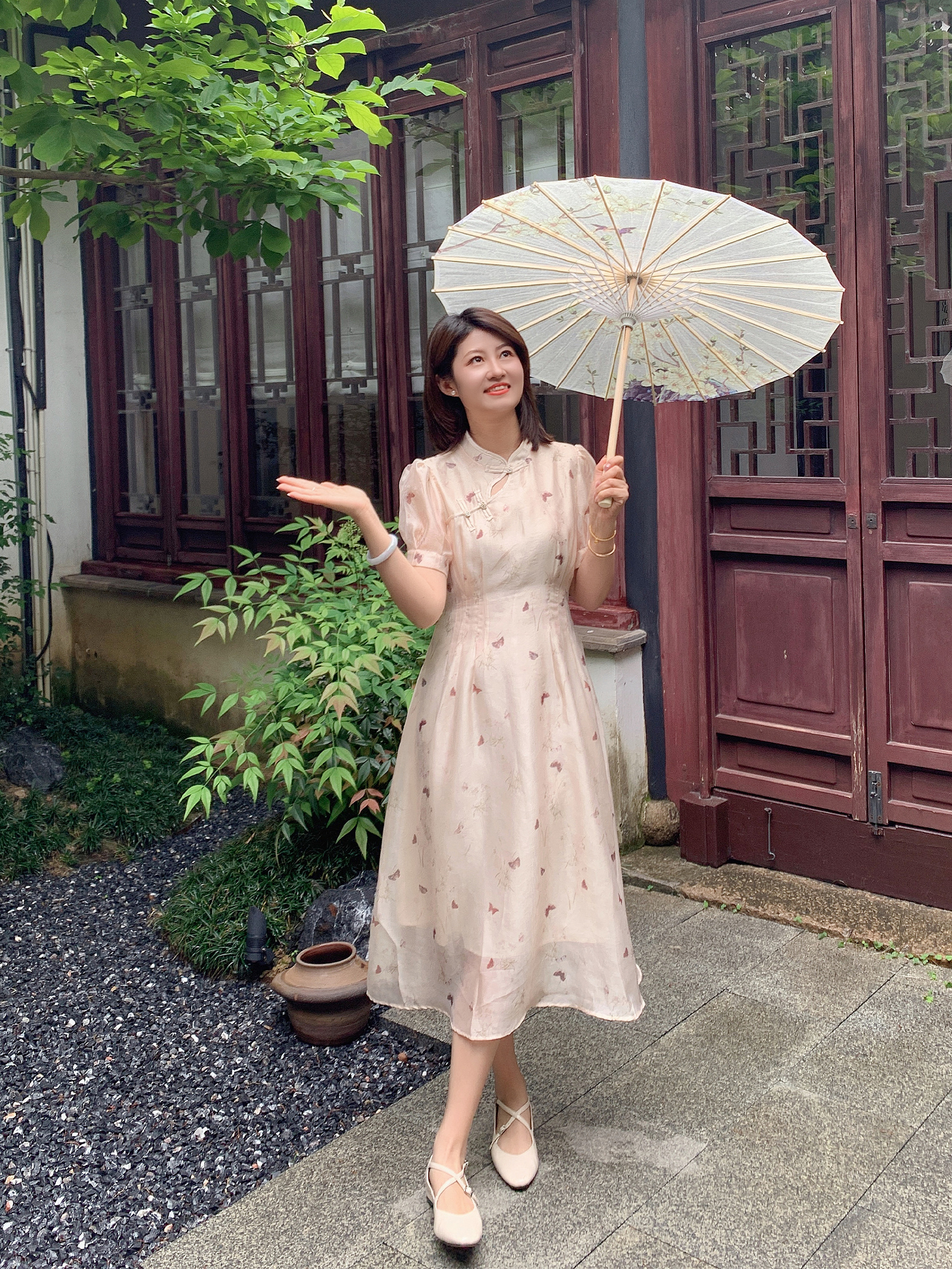 中国风雪纺印花旗袍改良连衣裙