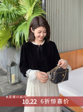 【10.22 6折福利款】法式优雅气质蕾丝拼接黑色丝绒衬衫上衣女418