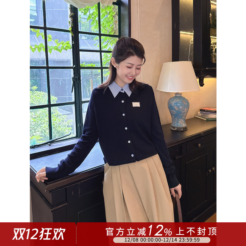 气质简约百搭格纹衬衫领针织开衫